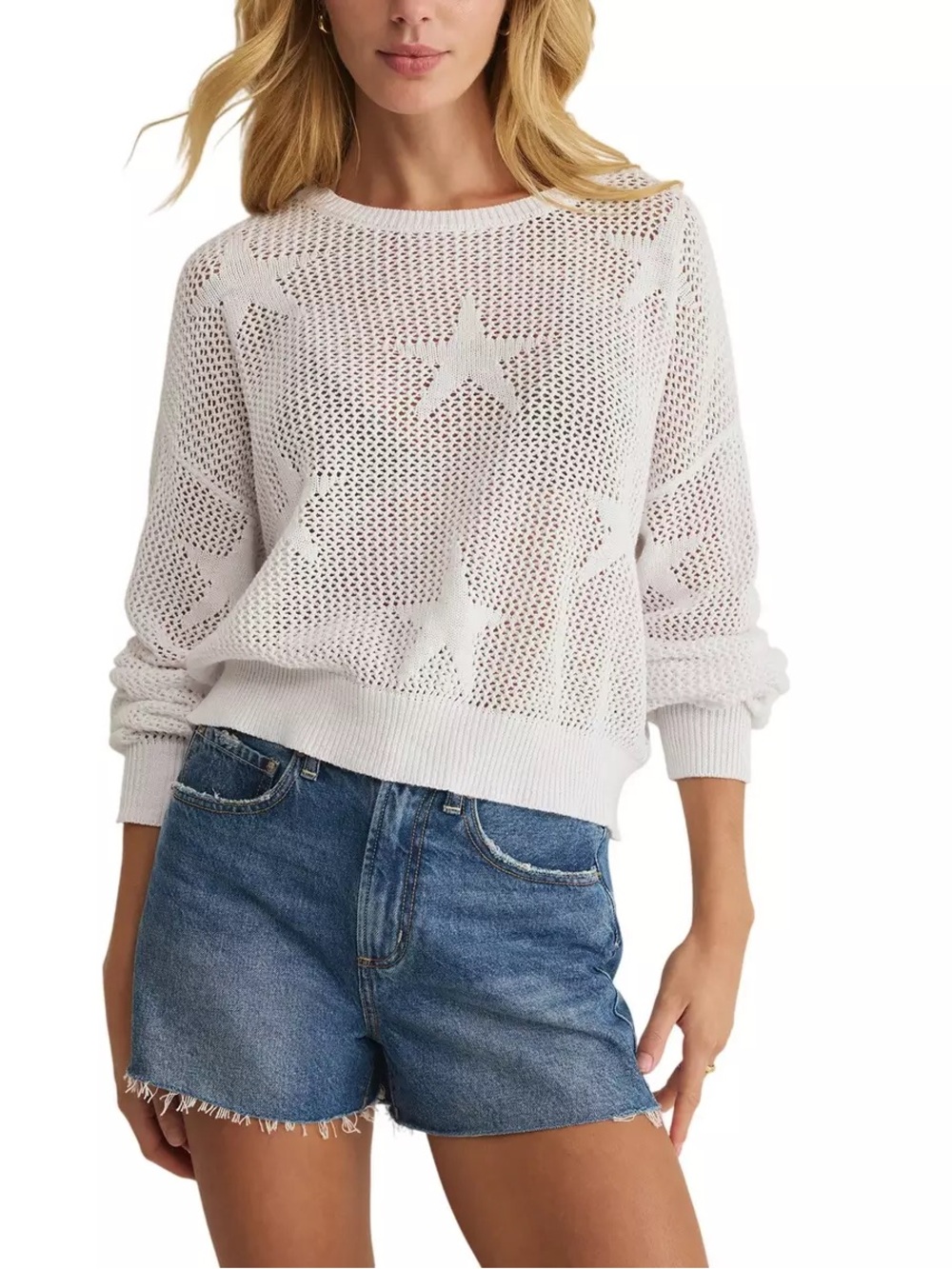 Z Supply White 100% Cotton Open Knit Star Sweater Size Small